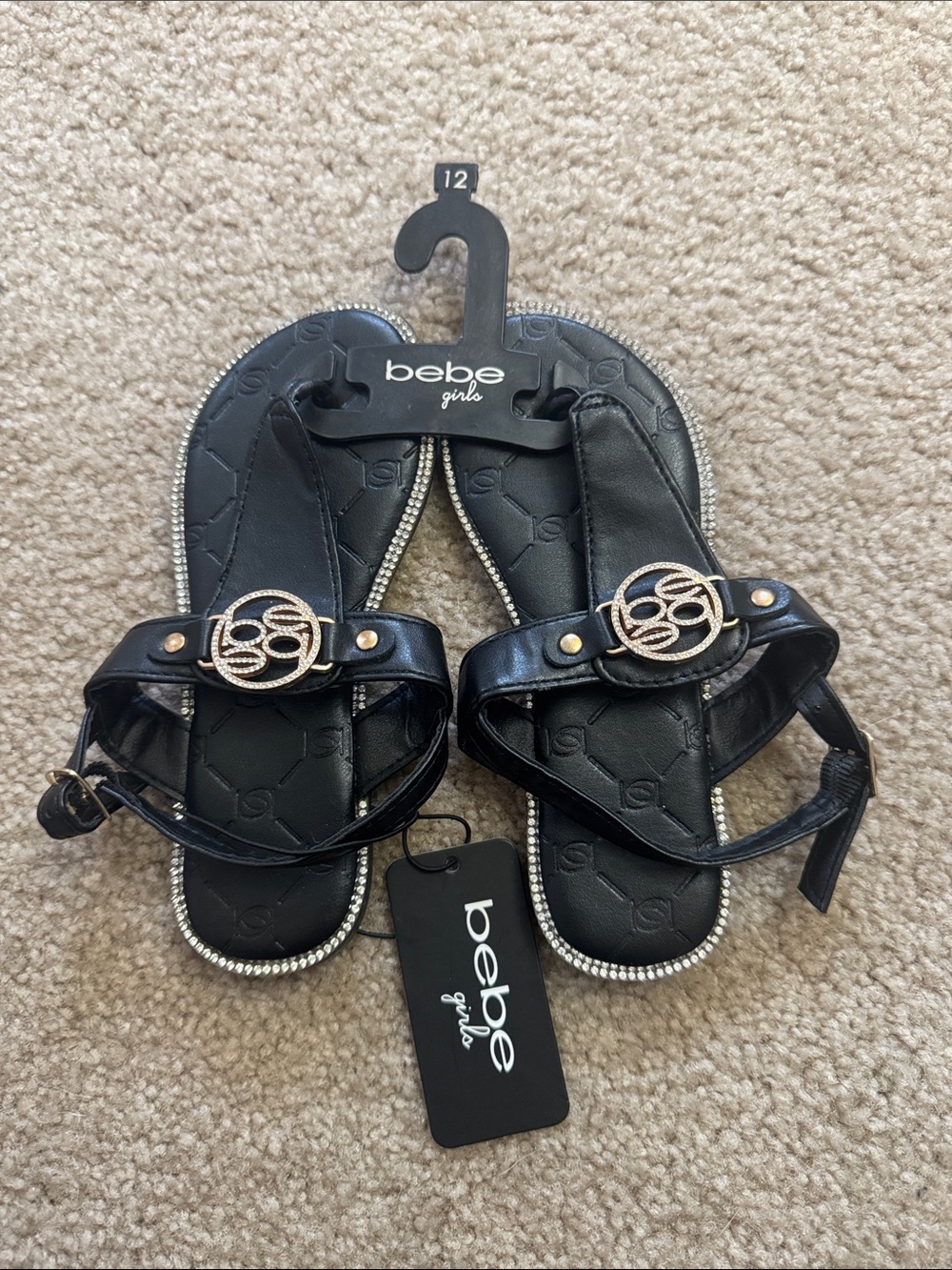 bebe girls Black Sandals with Gold Accent